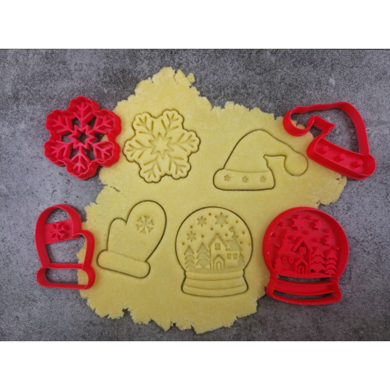 Thème Noël - Flocon, Moufle, Boule de neige, Chapeau de père noël - 4 emporte-pièces à l'unité ou en lot